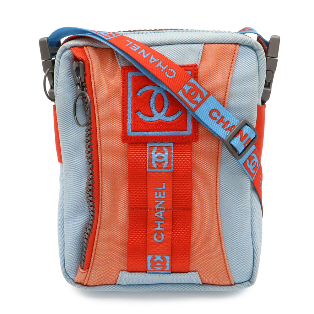 CHANEL Sport Line Coco Mark Shoulder Bag/Pouch Nylon Canvas Light Blue/Red